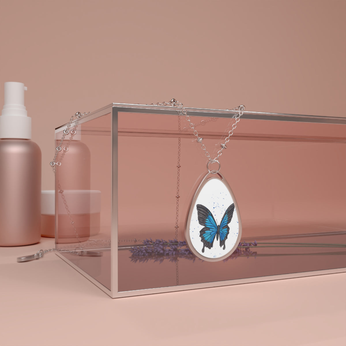Self-Care Reminder Blue Butterfly Oval Necklace