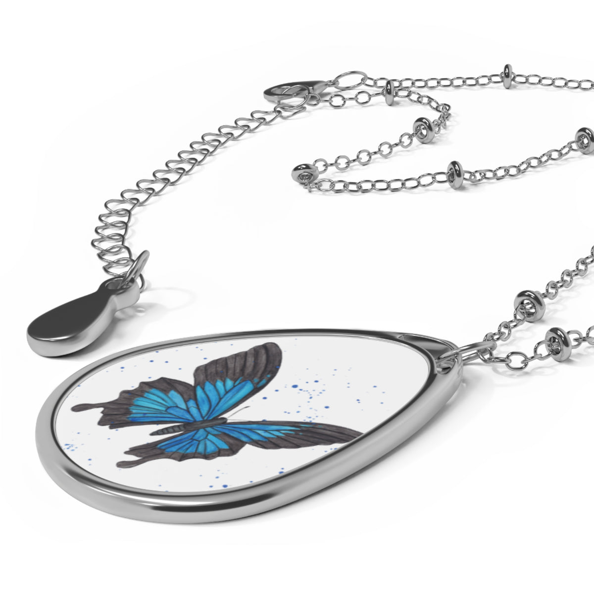 Self-Care Reminder Blue Butterfly Oval Necklace