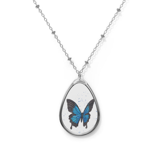 Self-Care Reminder Blue Butterfly Oval Necklace