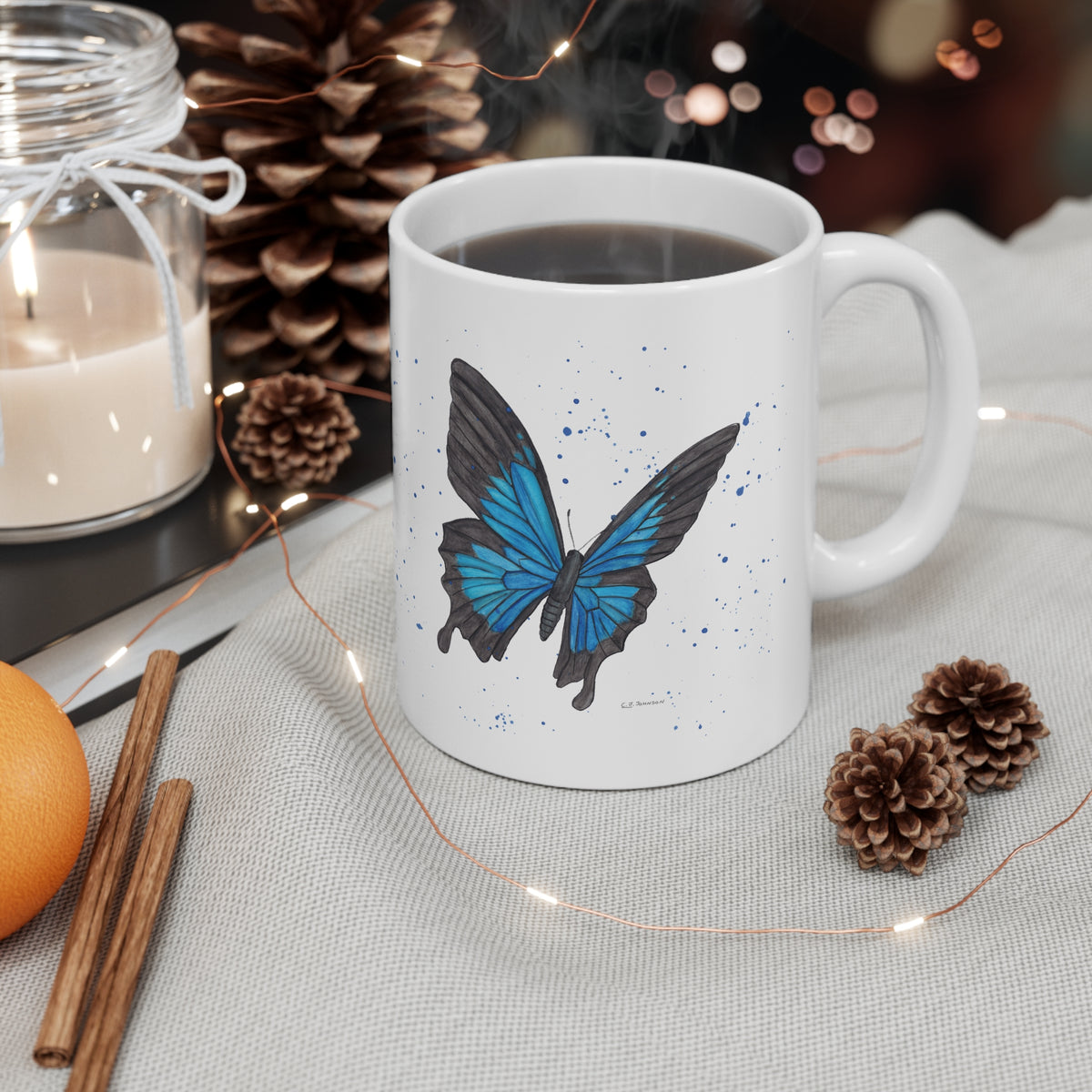 Self-Care Reminder Blue Butterfly Ceramic Coffee Cup, 11oz